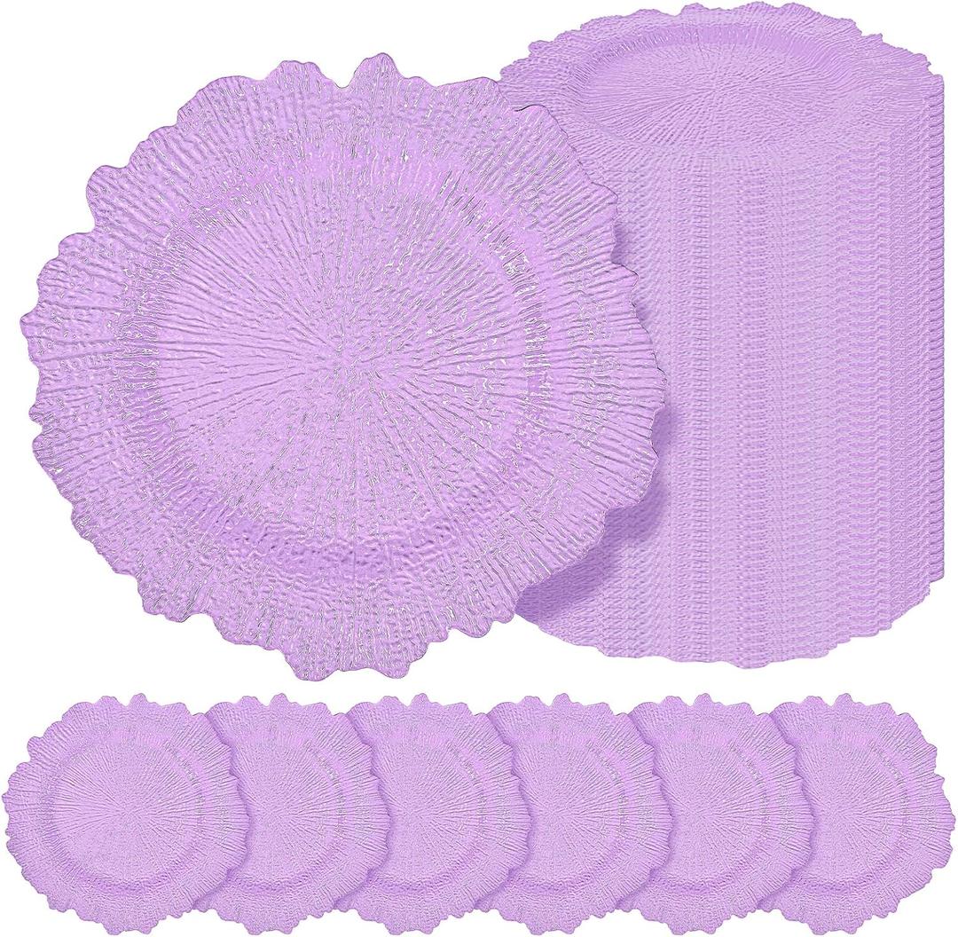 50 Pcs Lavender Charger Plates Bulk 13 Inch Plastic Charger Plates for Dinner Plate, Lavender Chargers for Table Setting, Reef Design Plate Floral Decorative Round Chargers for Wedding Party, Event