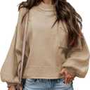 EVALESS Women's 2024 Lantern Long Sleeve Crewneck Sweater Casual Solid Color Ribbed Hem Knitwear Pullover Cropped Tops (Large, Apricot)