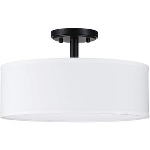 3 Light 15" Semi-Flush Mount Ceiling Light Fixture Off White Fabric Drum Shade Dark Grey Finish for Bedroom, Dining Room, Corridor, Living Room