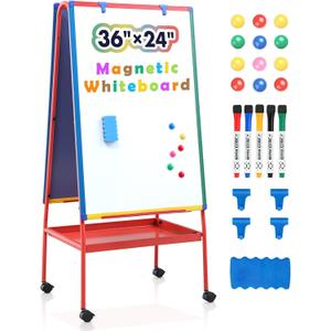 Mobile Dry Erase Board with Stand - 64.4" H Double Sided Portable Rolling Whiteboard Kids Easel for Classroom,Height Adjustable Magnetic White Board on Wheels for Home,School,36x24 inches (Multicolor)