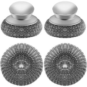 Stainless Steel Wool Scrubber with 2 Replacement Pads - Clean Metal Pans, Pots, Grills & More (4pcs)