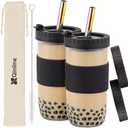 Reusable Glass Mason Jars Cups with Lids and Straws Silicone Sleeves, 2 Pack 24Oz Wide Mouth Smoothie Cups Glass Bubble Tea Cup Leakproof drinking glasses Travel Tumbler for Large Pearl Birthday Gifts (Black)