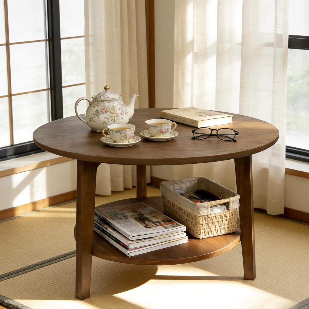 2-Tier Round Coffee Table, 28‘’ Wood Nesting Side Table with Storage Shelf, Natural Walnut Wood Tables for Living Room, Space Saving Accent Table, 28x28x18''