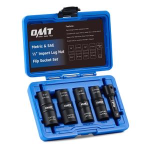 Orion Motor Tech Lug Nut Socket Set, 5pc 1/2" Drive Impact Flip Socket Set with Metric 17 19 21 22 mm & SAE 3/4 13/16 7/8 15/16 in. Sockets, Double Ended Thin Wall Nut Sockets with 3" Extension Bar