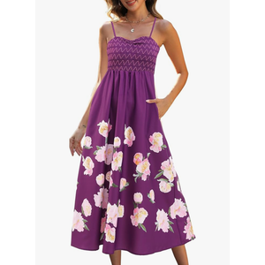 Gardenwed Women's Floral Print Maxi Dress,Spaghetti Strap Smocked Bodice A-Line Sundress with Pockets L Purple