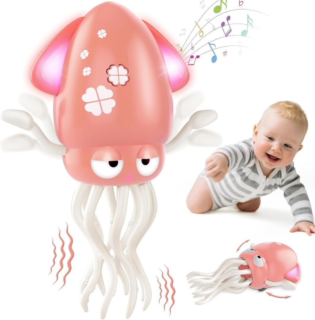 Baby Dancing Octopus Toy for 1 2 3 4 5 Year Old Boy Girl, Baby Tummy Time Electric Crawling Octopus Toys 12-18 Months, Dancing Squid Toy for Walking Toddlers, Kids 1st Birthday Gifts, Pink