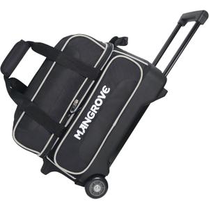 Mangrove 2 Ball Bowling Bag with Wheels, Double Bowling Bags 2 Ball Roller w/Separate Compartment for Bowling Shoes (Up To US Mens Size 15), Accessory Pocket & Retractable Handle Extends To 40" (Black)
