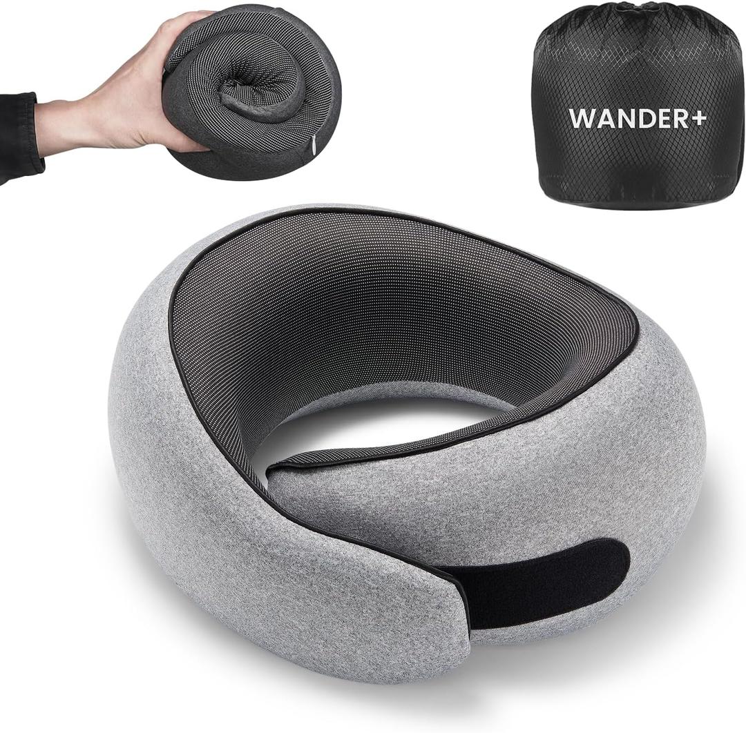 WANDER PLUS Travel Pillow, 100% Pure Memory Foam Travel Neck Pillow Airplane Neck Support Ergonomic Design Best for Sleeping Plane Car Train Office Flight for Adults Grey