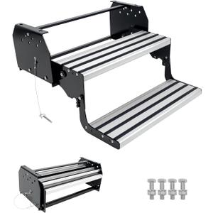 2-Step Manual Retractable RV Steps, 600lbs Capacity with 5mm Carbon Steel Frame & Anti-Slip Aluminum Pedals, Locking Limit Switch Design for Campers, Trailers, RVs