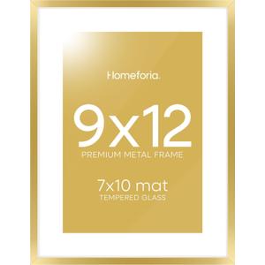 Homeforia 9x12 Gold Frame, High End Metal 9 x 12 Picture Frames with Mat 7 by 10 inch Photo, 9by12 Thin Poster Frame Matted to 7x10 Art, 12x9 Wall or Tabletop Frame, Tempered Glass, Wall Kit, Set of 1
