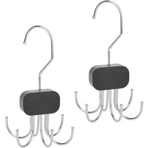 2pcs Belt Hanger for Wardrobe Closet, 360°Rotatable Belt Organizer Holder with 6 Hooks Each Space-Saving Tie Rack Metal & Wood Bra Storage Accessories for Tank Top Scarf Hat Purse (Black)
