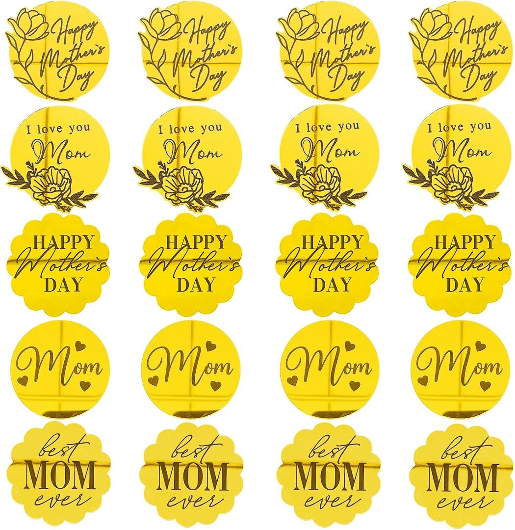 Acrylic Mirror Disc Cupcake Toppers 20 Pcs Mother's Day Cake Decorations 5 Styles Gold Flower Happy Mother's Day Engraved Cake Topper Dessert Toppers for Mom Women's Day Birthday Party Supplies