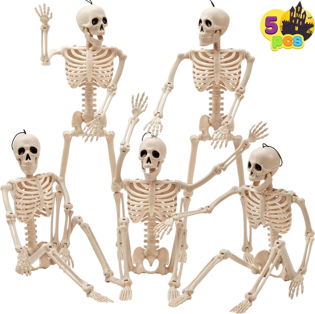 JOYIN 5 PCS Posable Halloween Skeleton Decor 16 Inches, Full Body Posable Joints Hanging Skeletons for Halloween Decorations, Graveyard Props, Haunted House Accessories, Spooky Scene Party Favors (Original)