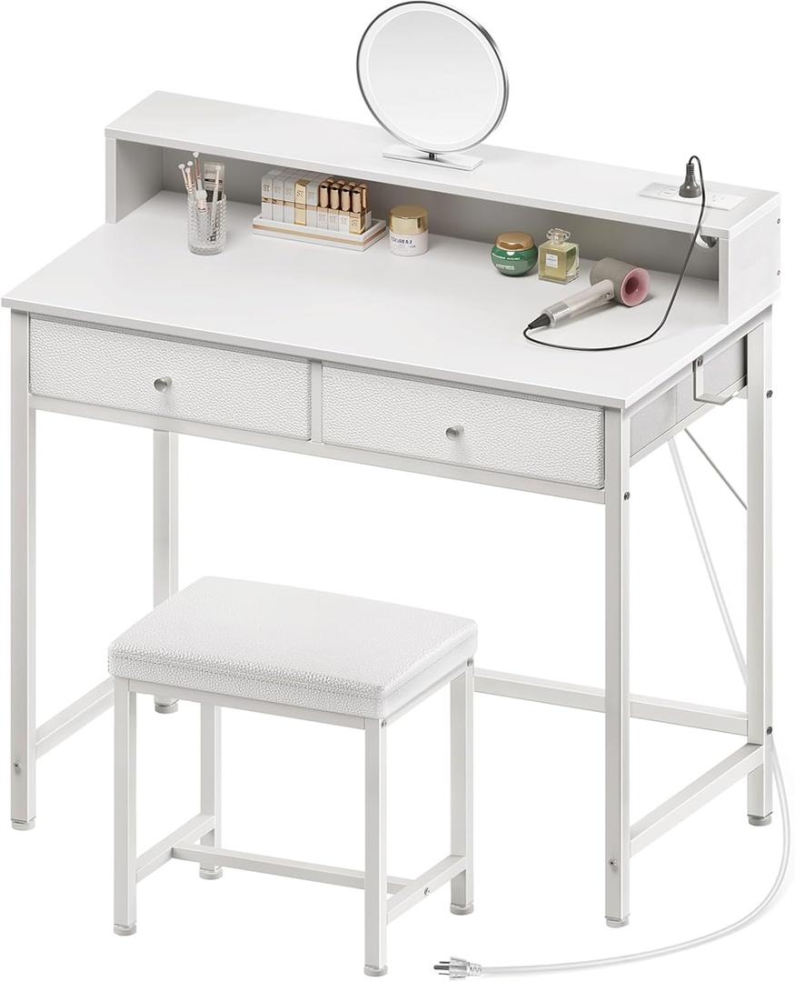 Seventable Vanity Desk Without Mirror, Makeup Vanity with Drawers and Charging Station, Small Desk with Storage for Bedroom, Simple Home Office Computer Desk for Small Spaces, White