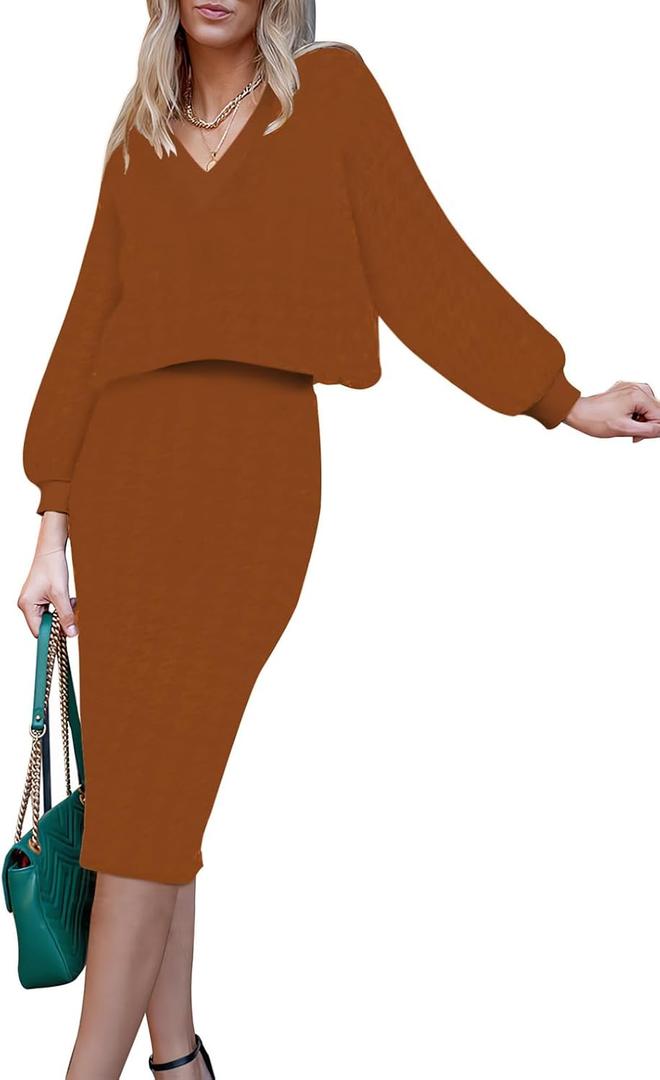 HUUSA Women 2 Piece Sweater Midi Pencil Skirt Set Fall Winter Split Dress Batwing Long Sleeve Oversized Top Casual Outfit (Orange)