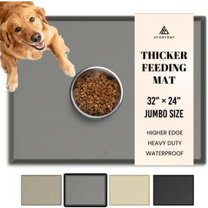 AVERYDAY 100% Waterproof Thicker Silicone Dog Food Mat, 0.63'' Raised Edge Bowl Mat for Food & Water, Non Slip Pet Feeding Placemat for Messy Drinkers, Perfect for Large Medium Small Breeds, 32"x24" (Grey)
