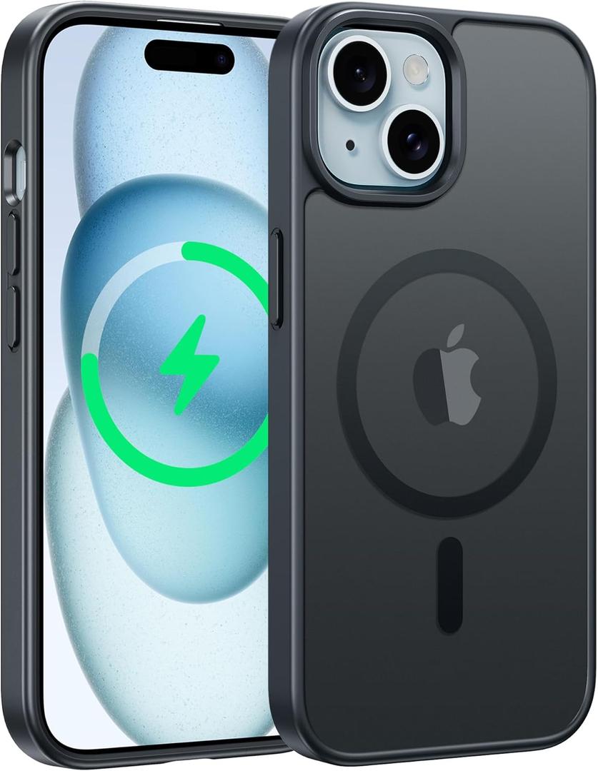 FNTCASE for iPhone 15 Case: for iPhone 14 & iPhone 13 Case | Magnetic Frosted Translucent Slim Shockproof Cell Phone Cover | Military Grade Protection Drop Proof Tough Protective Cases - Black