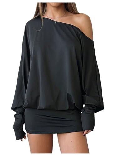 SOLY HUX Women's Long Sleeve Off The Shoulder Dress Y2k Mini Dress Streetwear Music Festival Outfits Solid Black Large