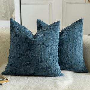 MANDIOO Pack of 2 Soft Chenille Textured Throw Pillow Covers, Square Accent Solid Decorative Cushion Cover, Cozy Farmhouse Pillow Case for Couch Sofa Bed Living Room, 18x18 Inch, Navy Blue