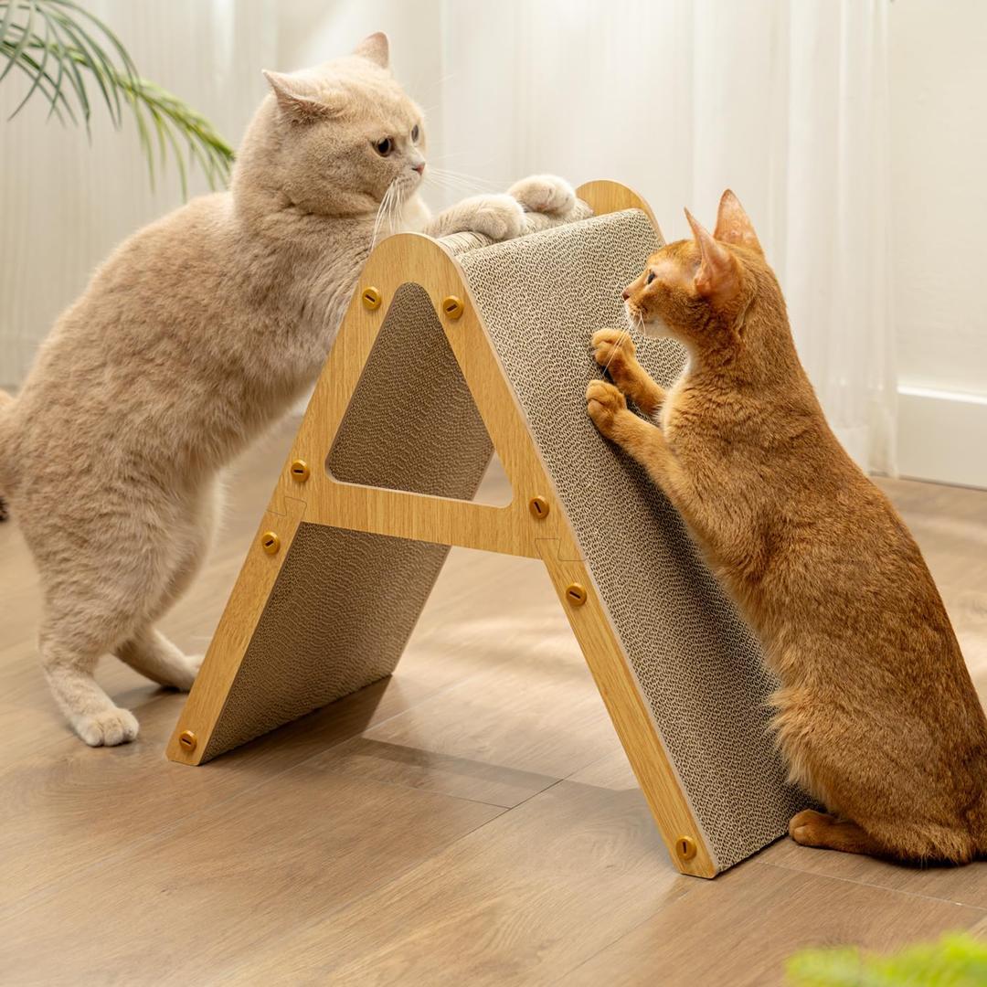 A-Frame Cat Scratching Board, Recycled Cardboard & Wood Frame, Dual-Sided Vertical Horizontal Cat Scratcher for Indoor Kittens, Space-Saving Furniture Protector for Sofa Walls, Light Wood