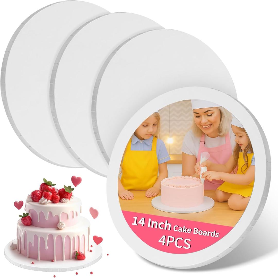 Cake Boards 14 Inch Round – 4 Pack 1/ 2 Inch Thick Cake Drums with Full Wrapped Edges, Corrugated Cake Base Board for Wedding, Party, Baking & Multi-Layer Cakes (White)