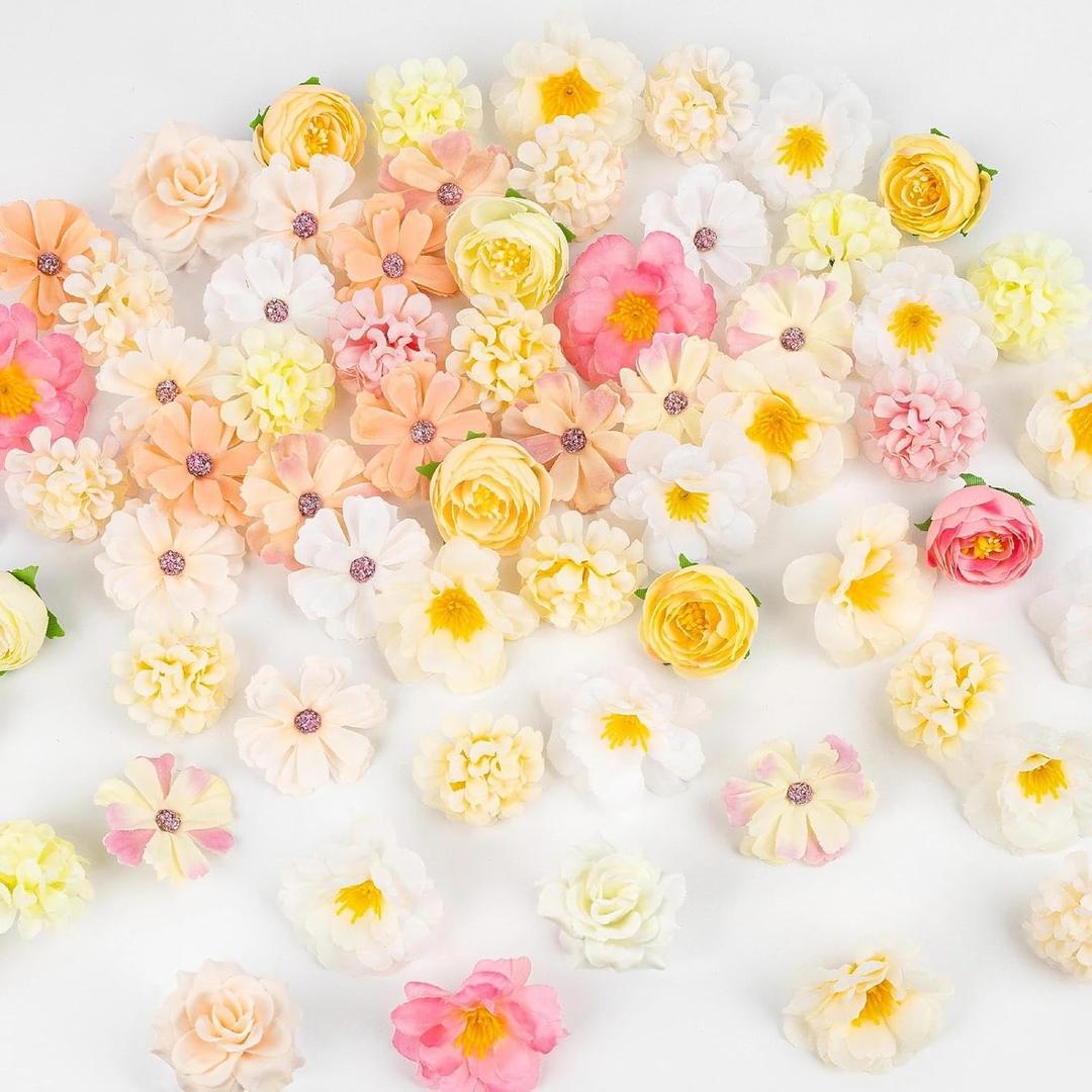 ATTGREAT Fake Flower Heads Mini Silk Flowrs Bulk Small Flower 3D Loose Faux Daisy Rose Sunflowers Plum Blossoms Craft for Wedding Party Cake Baby Shower Home Decor, 110Pcs(Champagne)