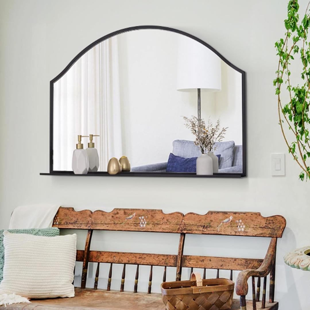 Chende Black Mirror with Shelf, 40'' x 28'' Large Arched Mirror for Fireplace Living Room Decor, Modern Accent Mirror with Metal Frame for Dining Room, Entryway, Bathroom