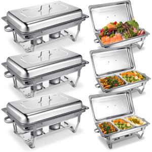 Hoolerry 6 Pcs Chafing Dish Buffet Set 9 Qt Stainless Steel Chafer Full Size Half Size 1/3 Size Chafing Food Pans Rectangular Catering Warmer Set for Parties Banquet Wedding Serving Dining