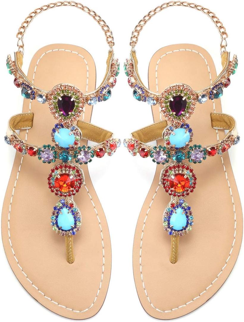Women's Rhinestone Flat Sandals, Women Flip Flops with Clip Toe RingBeadeed Rhinestone Crystal Jeweled Sandal Shoes for Summer Beach Oceanside Holiday Outdoor, 9
