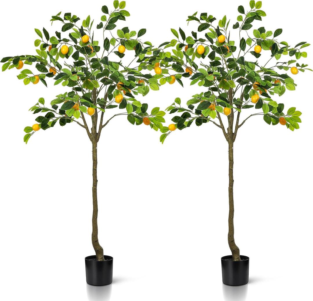 Jexine 2 Pack Artificial Lemon Tree 5 ft Tall Fake Plant Pre Potted Faux Lemon Tree Realistic Fruits for Indoor Home Decor Office Living Room