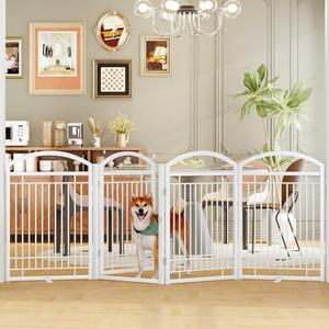 THKKY Folding No-Assembly Metal Freestanding Dog Gate with Door Walk Through,32" Height Pet Fence,96" Extra Wide Accordion Puppy Folding Playpen for Doorways,House,Stairs (4 Panels,White)