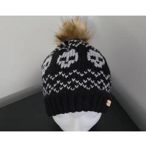 Longretve Skull Knit Brown Pom Pom Black Beanie Alpha One Size