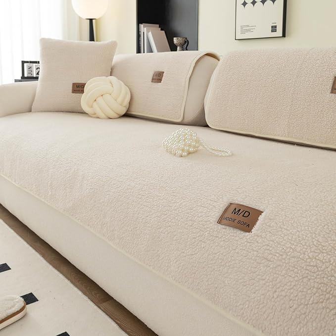 Sherpa Fleece Sofa Cover, Super Soft Funny Fuzzy Sofa Couch Covers, Warm Plush, Non-Slip Sectional Sofa Slipcover Furniture Protector for Kids, Pets(Beige White, 36"x 71")