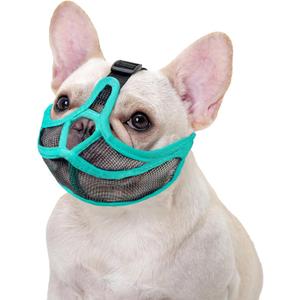 OHCOZZY Short Snout Dog Muzzle, Wont Cover Forehead Bulldog Muzzle Adjustable Breathe Mesh, Anti Bitting Chewing Barking(M, Green)