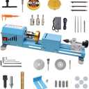Mini Lathe Wood Lathe Machine Multi-Purpose Type Lathe with Wood Lathe Milling Accessories, for Wood Polishing, Grinding, Cutting and Milling 2.76 in x 6.3 in, 24VDC 96W7 Speeds (Blue)