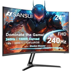 SANSUI 24 Inch Curved 240Hz Gaming Monitor FHD 1080P, 1500R Curve Computer Monitor, 124%sRGB, 3000:1 Contrast Ratio, HDR, FreeSync, MPRT 1Ms, Low Blue Light, HDMI DP ports.(ES-G24C1 PRO DP Cable Incl)