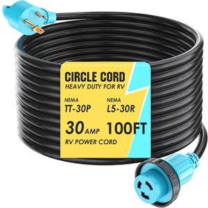CircleCord 30 Amp 100 Feet RV Power Cord Twist Locking, Heavy Duty 10 Gauge 3 Wire STW Pure Copper Wire with Grip Handle, TT-30P to L5-30R with Cord Organizer for RV Trailer Campers