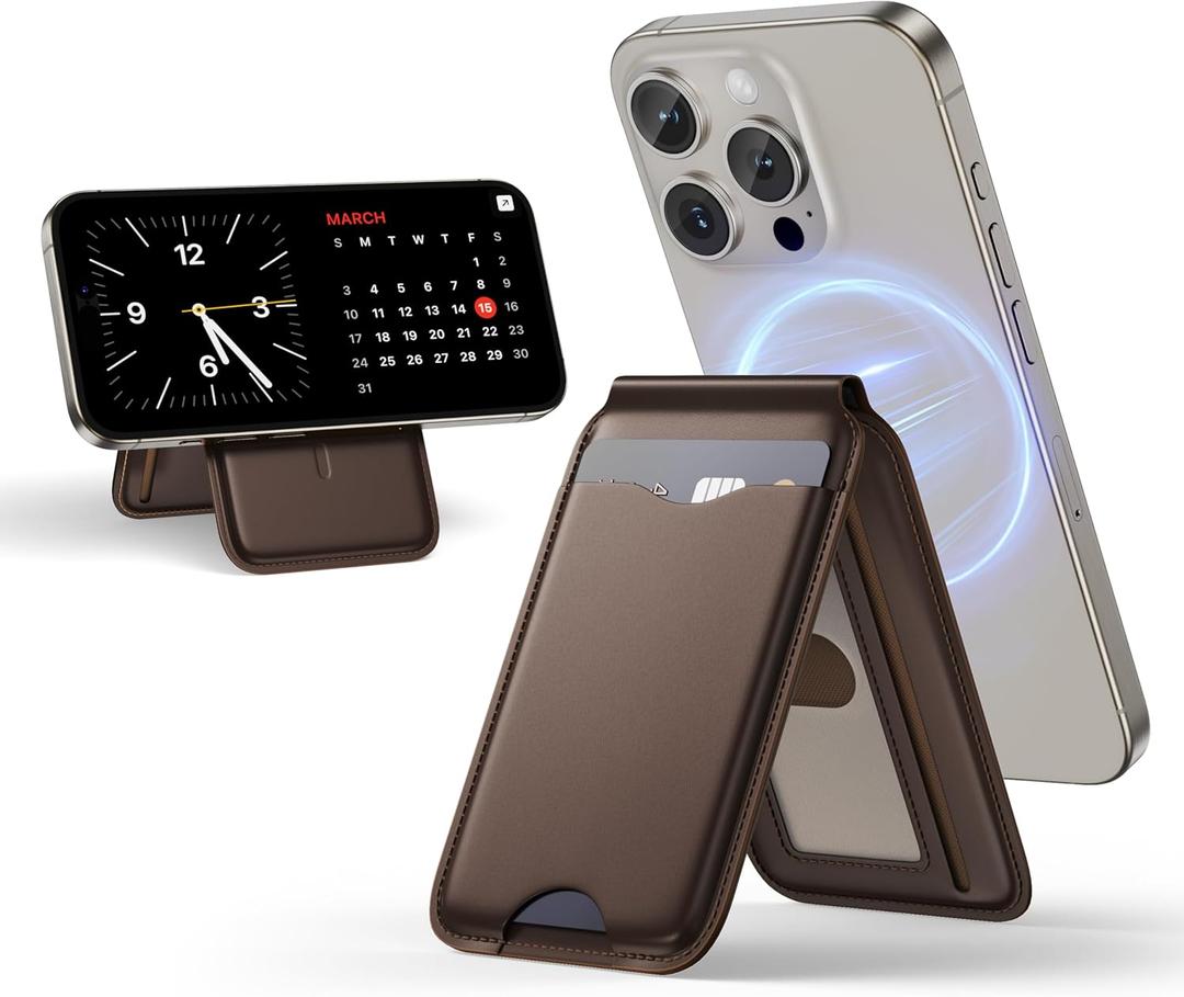 LULULOOK Magnetic Wallet Stand for iPhone, 2-in-1 Full Grain Leather Phone Wallet 3 Cards Holder w/Adjustable Stand, Fits iPhone 16/15/14/13/12 and Mag-Safe Cases, Not for Mini Models, Brown