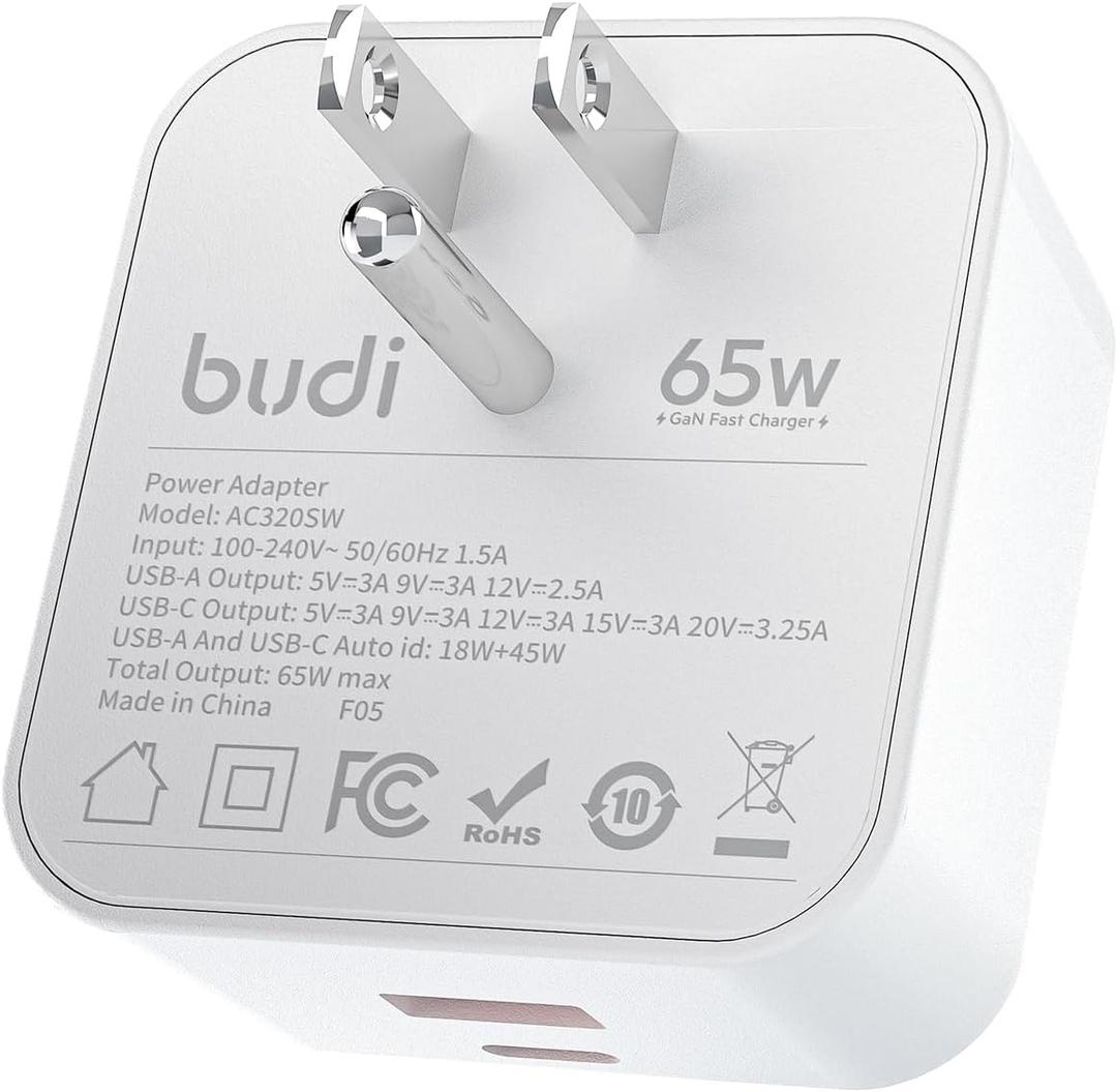 BUDI Flat USB C Wall Charger, 65W 2-Port Slim USB Wall Charger, Fast Charging Block with 45W Type-C Power Delivery and 20W Type-A for Computer/iPhone 17/16/15/14/13/12/11/Pro Max/XS/XR/8/7,Tablets
