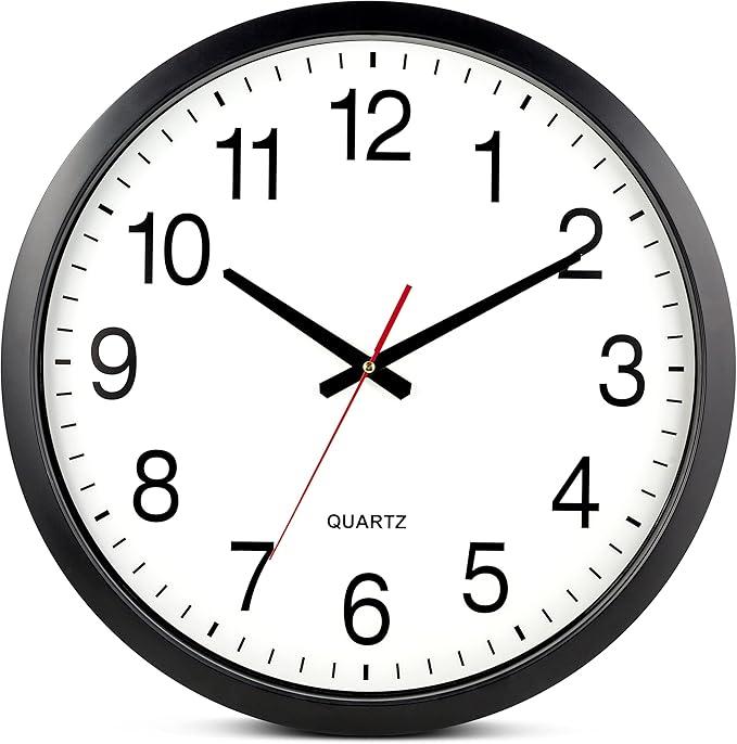Bernhard Products Black Wall Clock Silent Non Ticking 10 Inch Quality Quartz Battery Operated Round Easy to Read Home/Office/Kitchen/Classroom/School Clock Sweep Movement