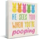 Funny Easter Bathroom Decor, Easter Decorations for Home, He Sees You When You're Pooping Wood Sign Home Bathroom Shower Room Restroom Toilet Desk Shelf Table Decor 5 X 5 Inch