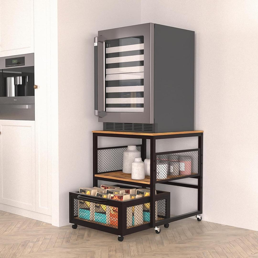 FAHKNS Mini Fridge Stand with Storage Sturdy Metal Frame Mini Fridge Cabinet with 360 Universal Wheels and Adjustable Feet, Suitable for Home, Apartment, Office