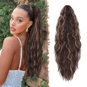 FESHFEN Claw Clip Ponytail Extensions - Long Pony Tail Hair Piece Wavy Curly Synthetic Hairpieces for Women, Brown Highlighted Strawberry Blonde 26 inch