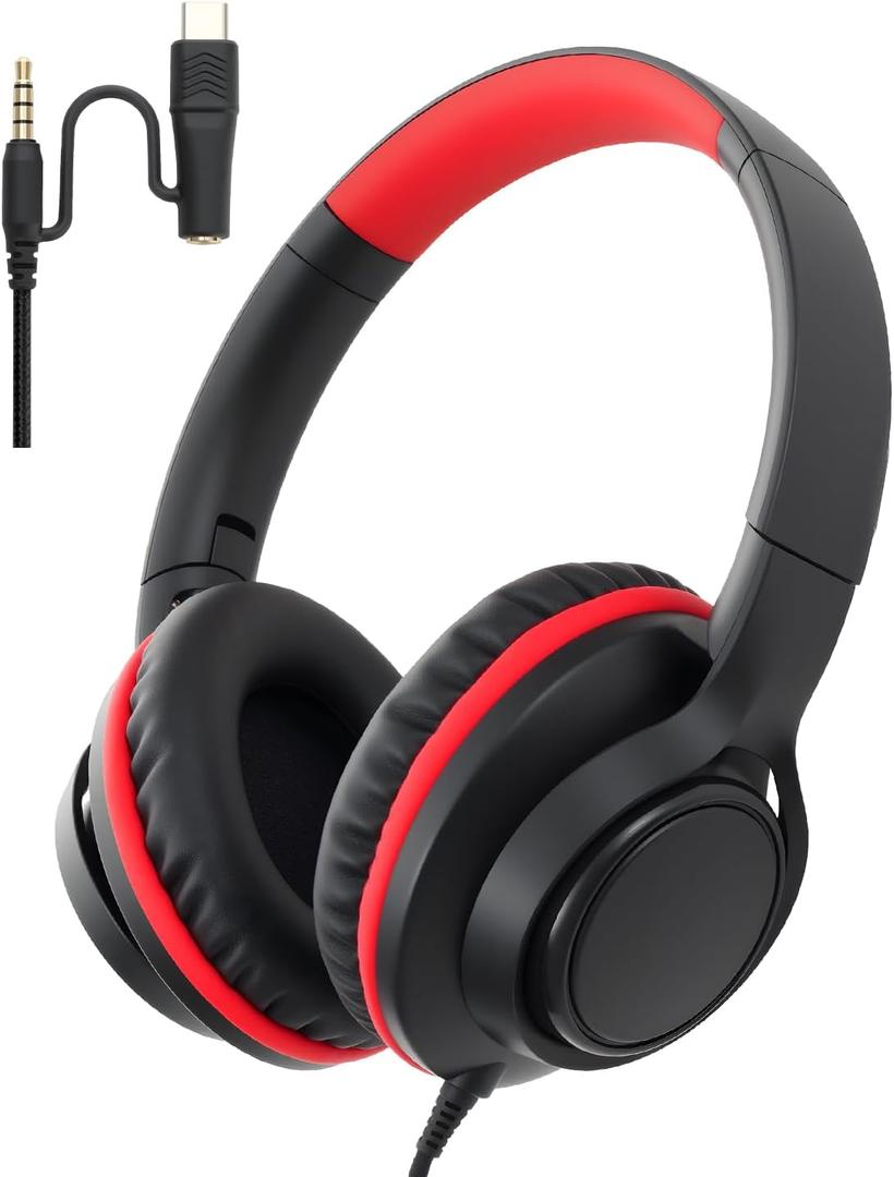 USB C & 3.5mm 2 in 1 Wired Headphones, Stereo Over Ear Headphones with HD Mic, Tangle-Free Nylon Cord, Foldable Earphones for iPad, Tablet, Laptop, Android, School, Travel