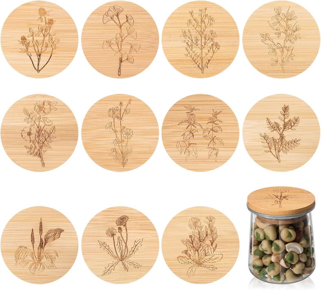 Tessco for you 12 Pieces Yogurt Jar Lids Inspirational Yogurt Bamboo Lids Set with Silicone Sealing Compatible with Oui Jars, Smile Happy Kind Plant (Flower and Herb)