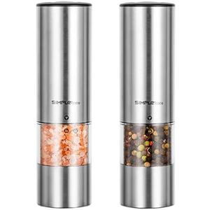 SIMPLETASTE Electric Salt and Pepper Grinder Set, Automatic One Handed,Stainless Grinders with Lights and Adjustable Coarseness,Battery Operated
