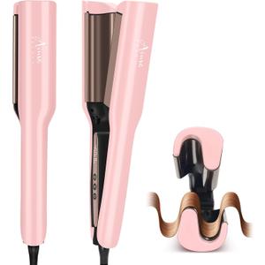 Aima Beauty 1 Inch Deep Wave Curling Iron Hair Crimper Waver Beach Waves Curling Wand, Memory Timer, Adjustable Temps Travel Dual Voltage Anti-Scald Long Lasting Style Ionic Anti-Frizz, Pink