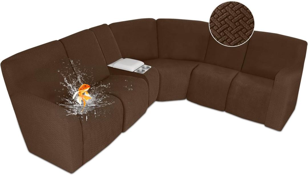 ALIECOM 100% Waterproof Recliner Sectional Couch Covers L Shape Stretch Corner Reclining Sectional Sofa Cover Washable Recliner Slipcover Protector for Dog Pet (5 Seat and 1 Console, Dark Coffee)