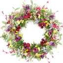 AMF0RESJ Artificial Spring Wreaths for Front Door Pansy Wreath Summer Wreath with Colorful Pansy,Berry,Daisy for Front Door Indoor Outdoor Farmhouse Home Wall Window Festival Decoration
