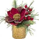 9 inch Red Christmas Table Centerpiece 5" Glitter Magnolia Flower and Red Berries Fir Greenery Artificial Christmas Floral Centerpiece in Golden Ceramic Pot Christmas Tabletop Arrangement Decor